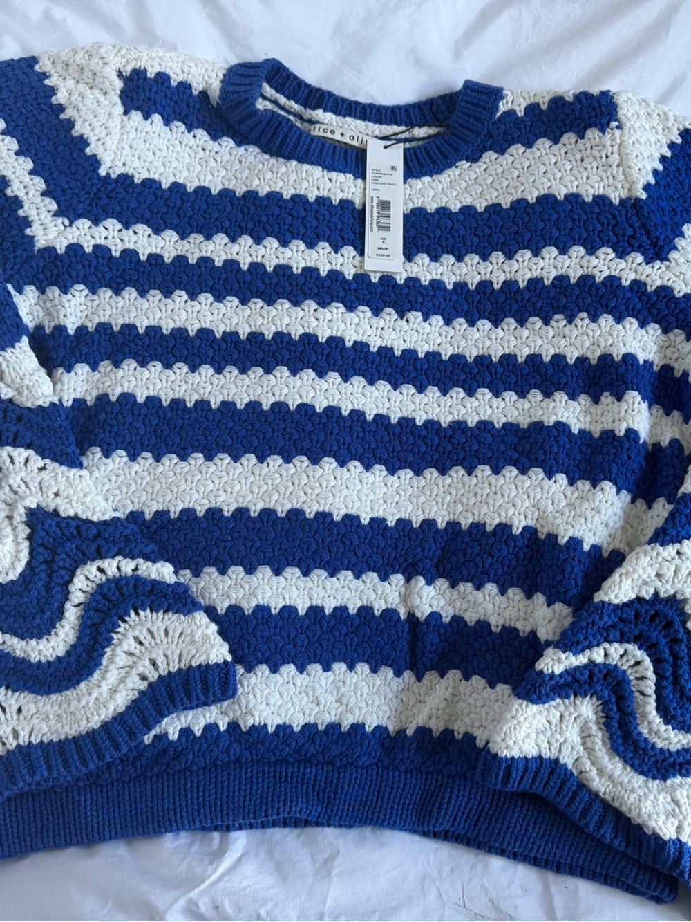 Alice + Olivia Navy Blue and White Striped Crochet Crewneck Sweater